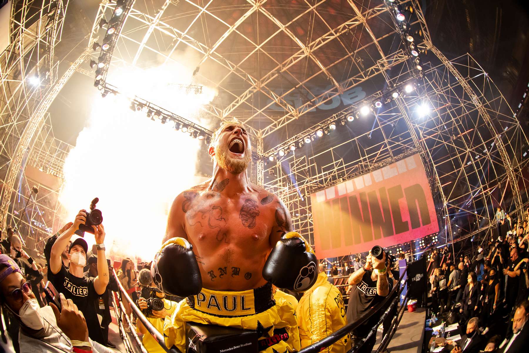 Jake Paul celebrates after defeating Ben Askren in their cruiserweight bout during Triller Fight Club at Mercedes-Benz Stadium on April 17, 2021 in Atlanta, Georgia. 