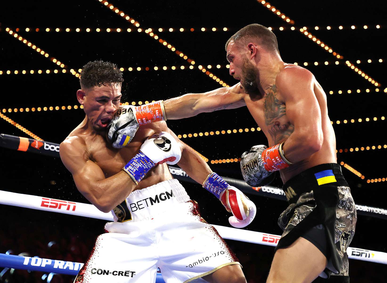 Vasiliy Lomachenko punchesJamaine Ortiz during their lightweight bout at The Hulu Theater at Madison Square Garden on October 29, 2022 in New York City.  