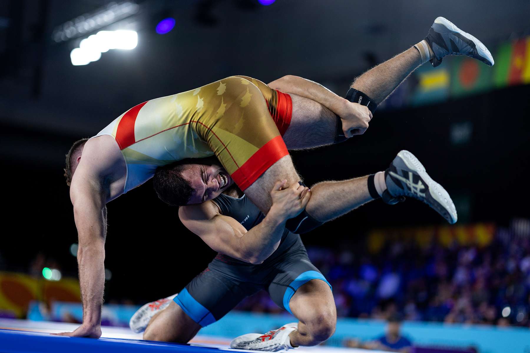 Syerus Eslami (R) of Team England against Charalampos Choiras (L)of Team Cyprus during the Men's Freestyle Wrestling 86 kg 1/8 Final match  on day eight of the Birmingham 2022 Commonwealth Games at  on August 05, 2022 on the Coventry, England. 