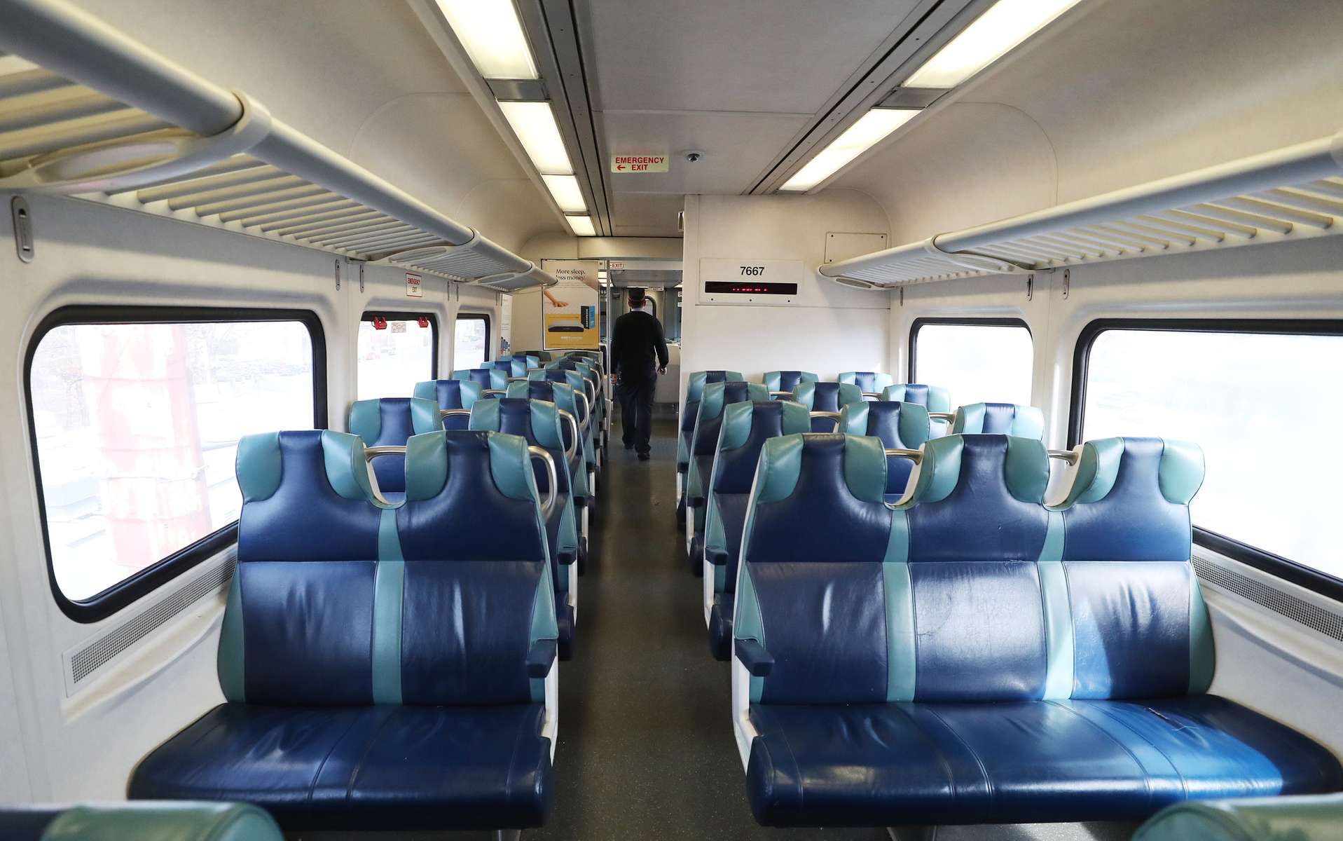 A view of an empty car on the Long Island Railroad on March 18, 2020 in Merrick, New York. The World Health Organization declared coronavirus (COVID-19) a global pandemic on March 11th.