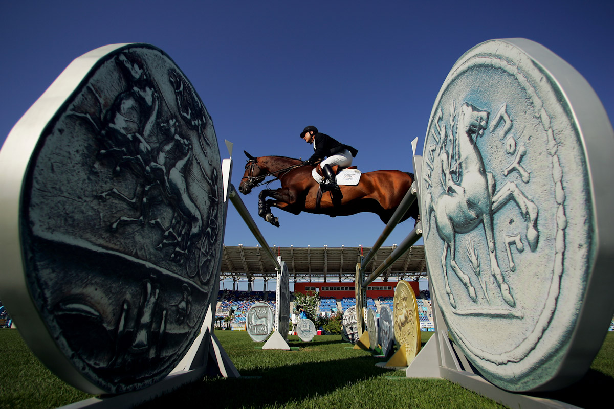 Daniel Meech of New Zealand competes in the individual show jumping event on August 24, 2004 during the Athens 2004 Summer Olympic Games at the Markopoulo Olympic Equestrian Centre Jumping Arena in Athens, Greece. 