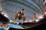 Zachary Gagne and Ryan Hawkins of the USA  dive during training before the Men's Synchronised 10m Platform Final at the Pan Am Games on July 13, 2015 in Toronto, Canada.  