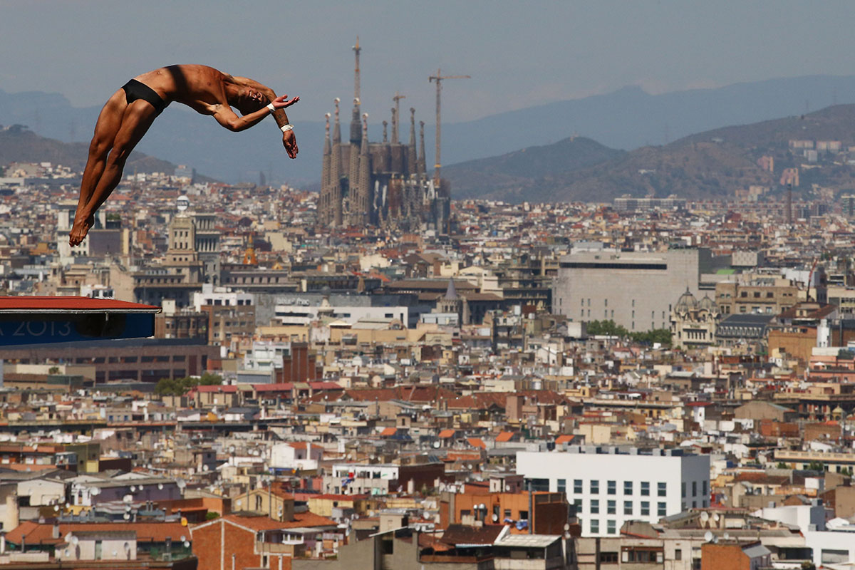 Jeinkler Aguirre of Cuba competes during the Men's 10m Platform Diving final on day nine of the 15th FINA World Championships at Piscina Municipal de Montjuic on July 28, 2013 in Barcelona, Spain.
