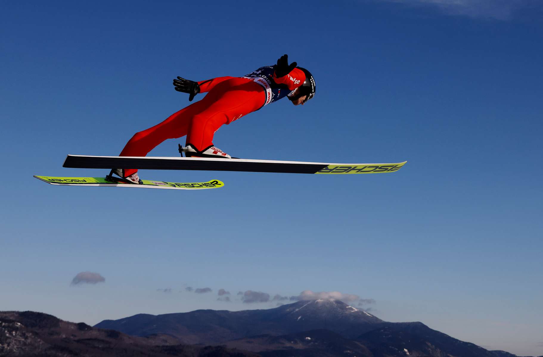 Gregor Deschwanden of Switzerland jumps during the Men's Large Hill competition on Day 3 of the Viessmann FIS Ski Jumping World Cup at Lake Placid Olympic Jumping Complex on February 12, 2023 in Lake Placid, New York. 