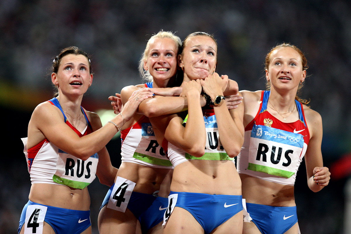 The Russian Women's Relay team celebrate after their victory in the Women's 4 x 100m Relay Final at the National Stadium on Day 14 of the Beijing 2008 Olympic Games on August 22, 2008 in Beijing, China.  