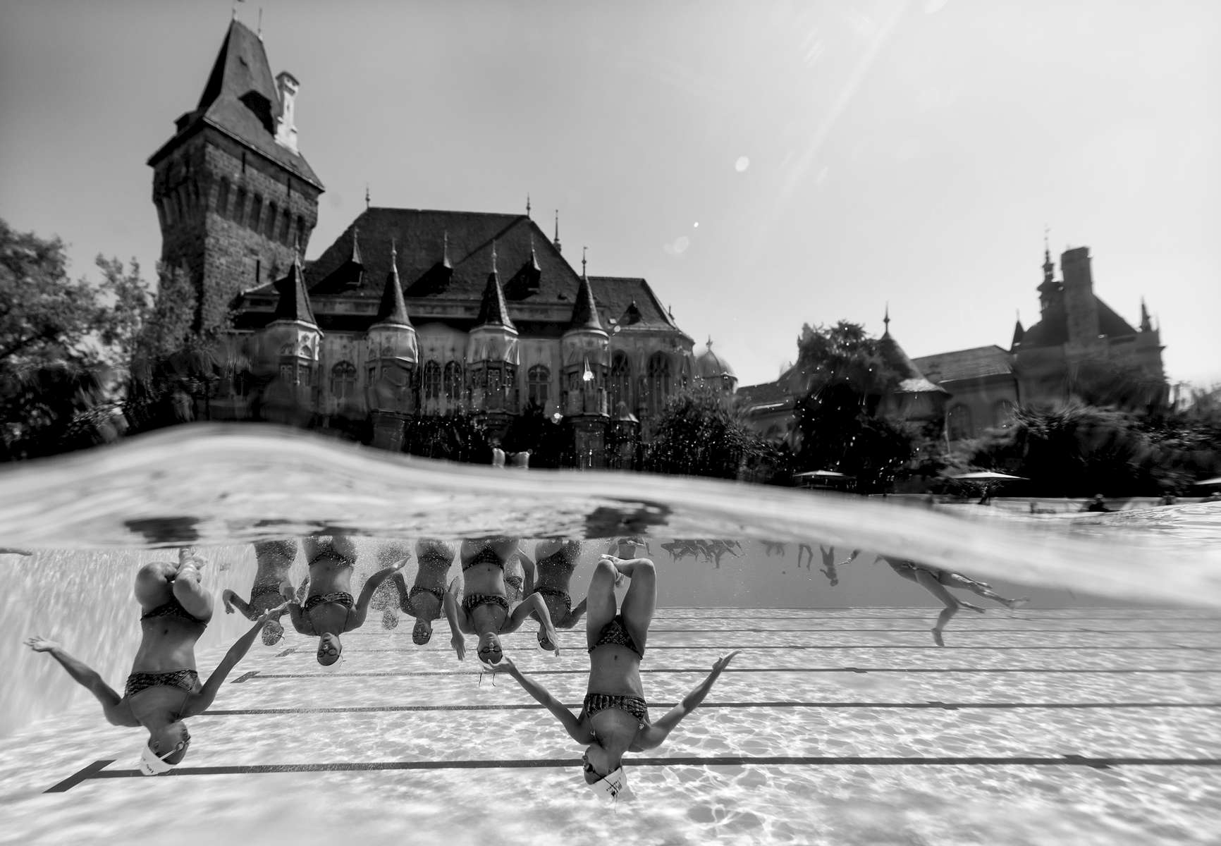 The Synchronised Swimming Team of France trains in front of the Vajdahunyad Castle during day 4 of the Budapest 2017 FINA World Championships on July 17, 2017 in Budapest, Hungary. 