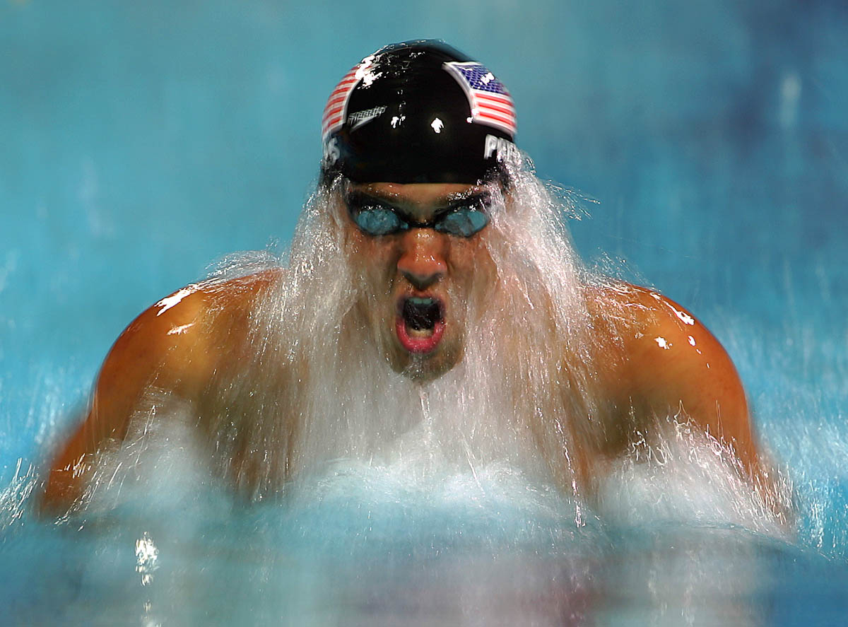 Michael Phelps of USA competes in the men's swimming 200 metre individual medley final on August 19, 2004 during the Athens 2004 Summer Olympic Games at the Main Pool of the Olympic Sports Complex Aquatic Centre in Athens, Greece.