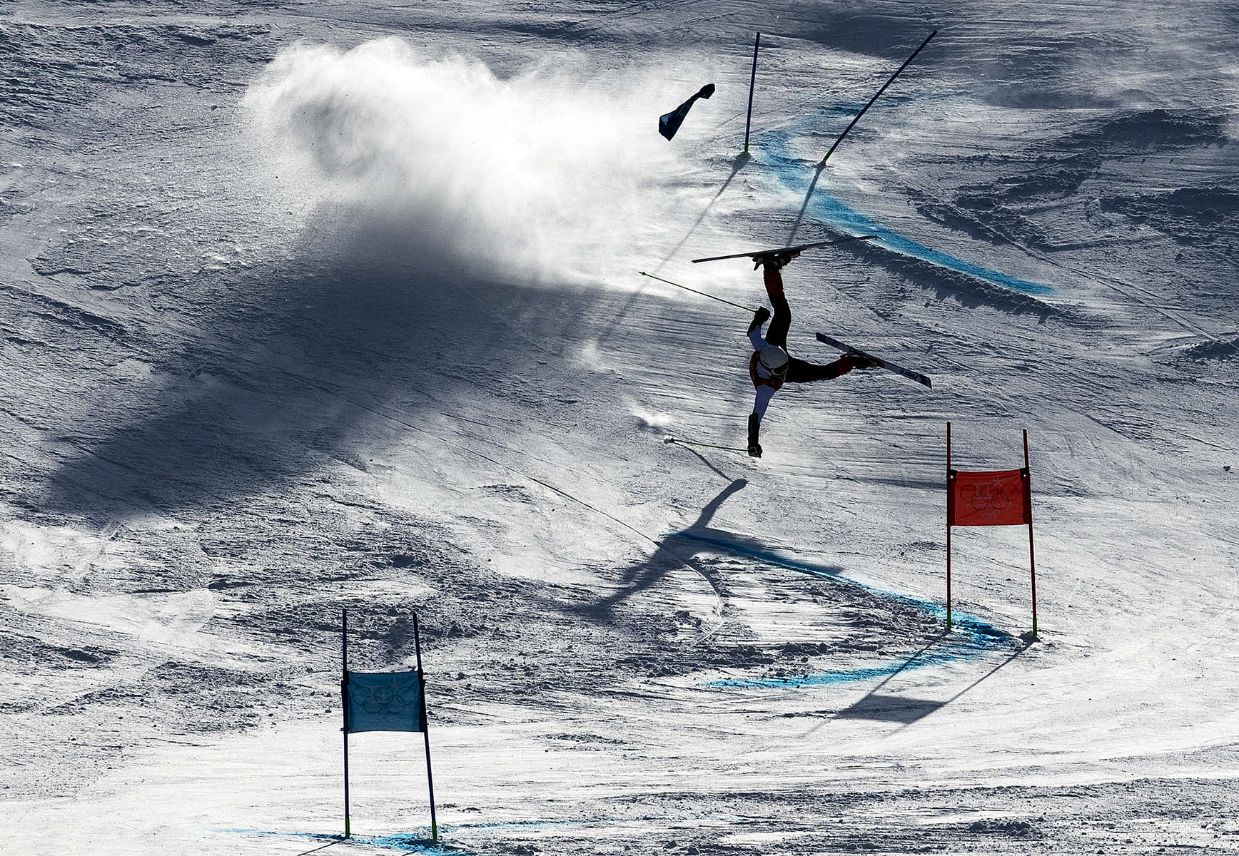 A forerunner crashes prior to the Alpine Skiing Men's Giant Slalom on day nine of the PyeongChang 2018 Winter Olympic Games at Yongpyong Alpine Centre on February 18, 2018 in Pyeongchang-gun, South Korea.  