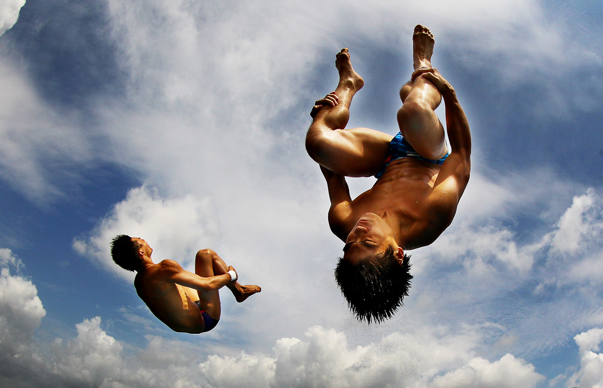 Aisen Chen and Huo Liang of China dive during the Synchronized Men 10m Platform Final at the Fort Lauderdale Aquatic Center on Day 4 of the AT&T USA Diving Grand Prix on May 13, 2012 in Fort Lauderdale, Florida.  