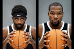 Kyrie Irving and Kevin Durant of the Brooklyn Nets pose for a portrait during Media Day at HSS Training Center on September 27, 2019 in New York City.