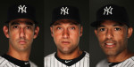 Jorge Posada #20, Derek Jeter#2, And Mariano Rivera #42, of the New York Yankees pose for a portrait on Photo Day at George M. Steinbrenner Field on February 23, 2011 in Tampa, Florida. Each player has won 5 World Series Championships playing for the Yankees.