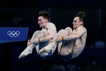 Matty Lee and Thomas Daley of Team Great Britain compete during the Men's Synchronised 10m Platform Final on day three of the Tokyo 2020 Olympic Games at Tokyo Aquatics Centre on July 26, 2021 in Tokyo, Japan.