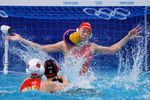 Yineng Shen of Team China makes a save during the Women's Classification 5th-8th match between China and the Netherlands on day thirteen of the Tokyo 2020 Olympic Games at Tatsumi Water Polo Centre on August 05, 2021 in Tokyo, Japan.