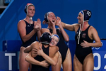 L to R, Amanda Longan, Margaret Steffens, Stephanie Haralabidis, Paige Hauschild and Kaleigh Gilchrist of Team United States celebrate the win during the Women's Semifinal match between Team ROC and the United States on day thirteen of the Tokyo 2020 Olympic Games at Tatsumi Water Polo Centre on August 05, 2021 in Tokyo, Japan.