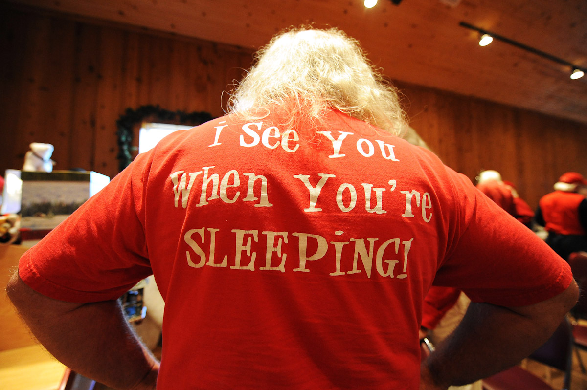 A view of The back of a Santa student's shirt the reads {quote}I see you When you're Sleeping{quote} during the Charles W. Howard Santa Claus School workshop on October 16, 2008 in Midland, Michigan.
