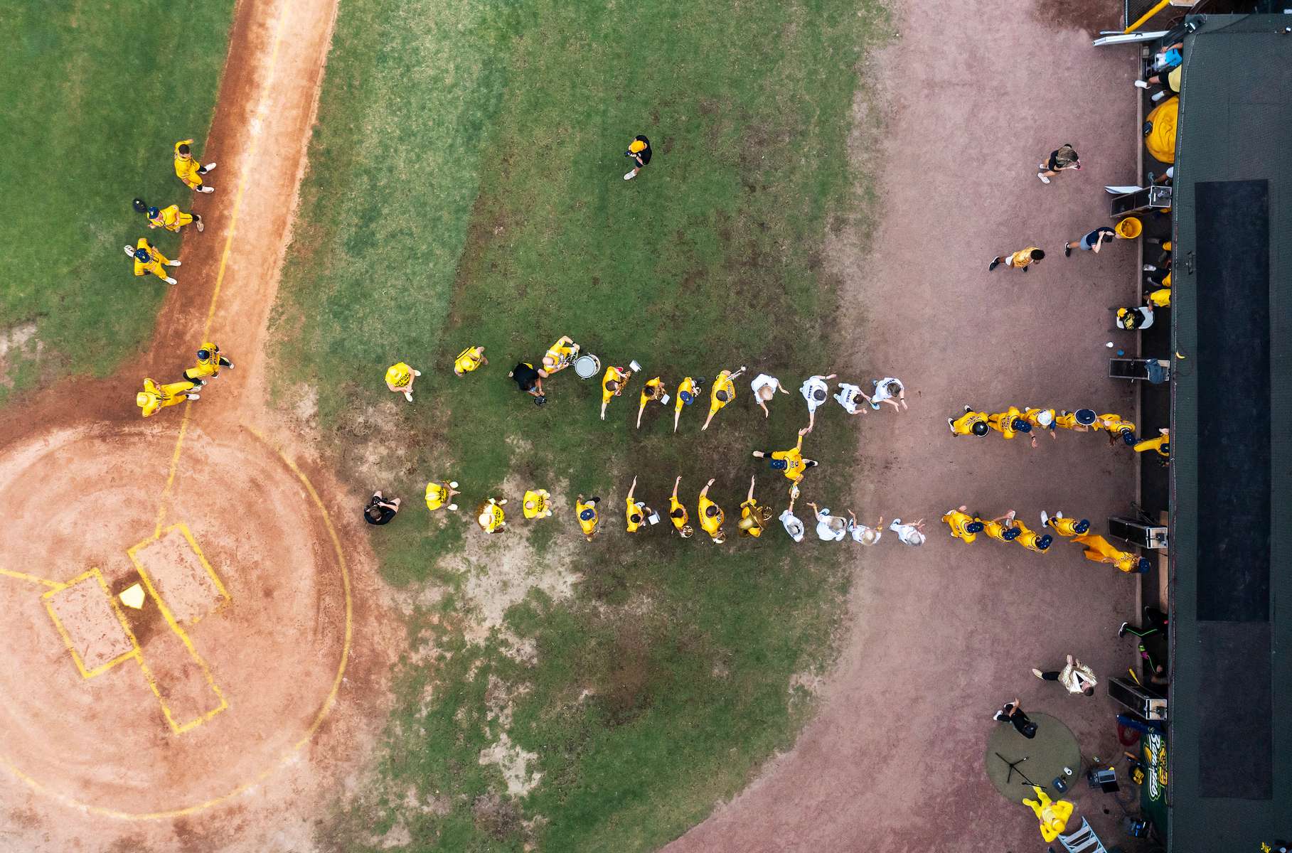 An Aerial view of the introduction of the Savannah Bananas against the Party Animals at Grayson Stadium on May 11, 2023 in Savannah, Georgia. 