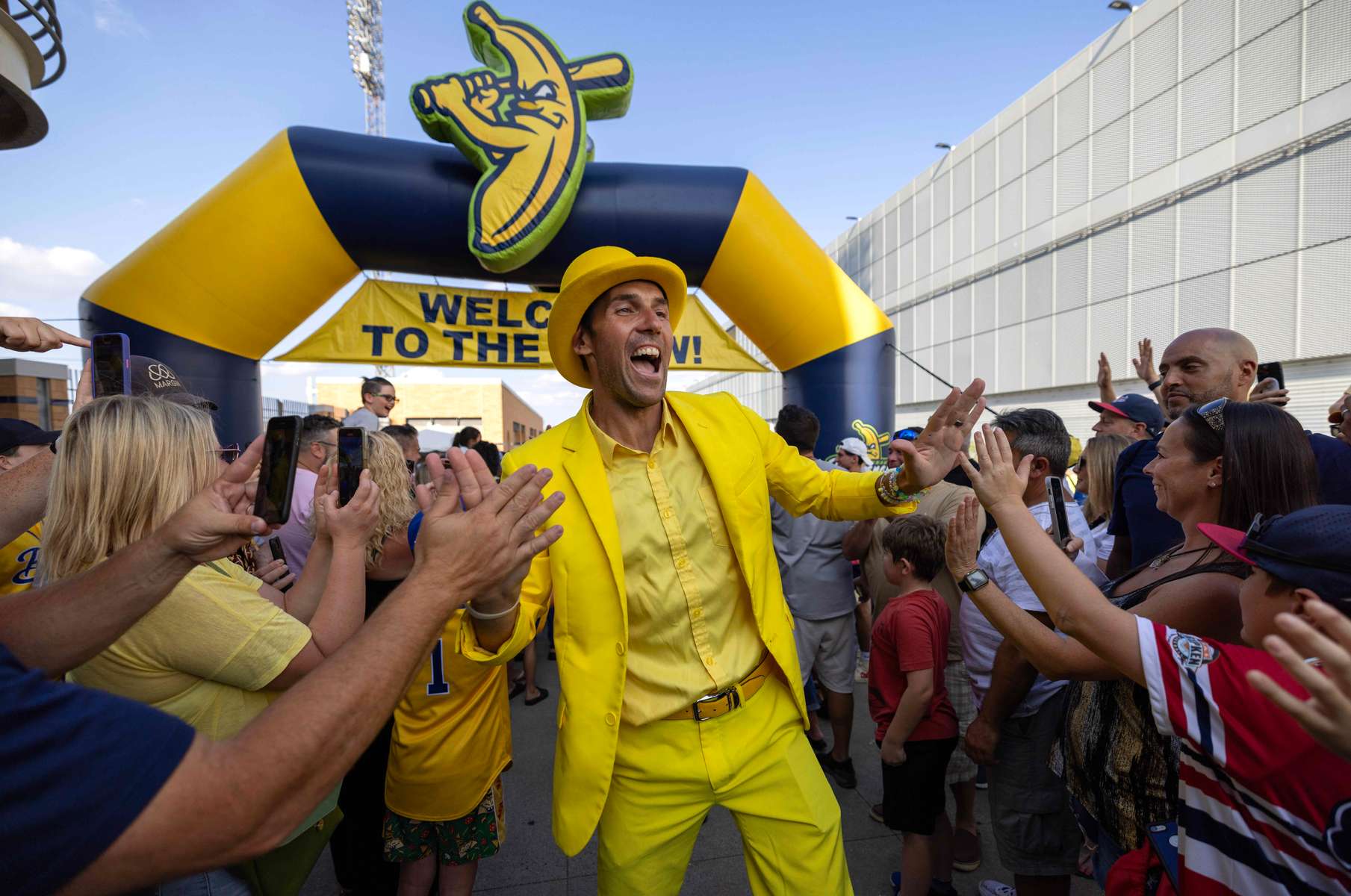 Savannah Bananas owner Jesse Cole greets fans before their game against the Staten Island Ferryhawks at Richmond County Bank Ball Park on August 11, 2023 in New York City.  