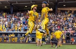 Kyle Luigs #12 and Dan Oberst #19 of the Savannah Bananas are introduce prior to their game against the Party Animals at Richmond County Bank Ball Park on August 12, 2023 in New York City.  