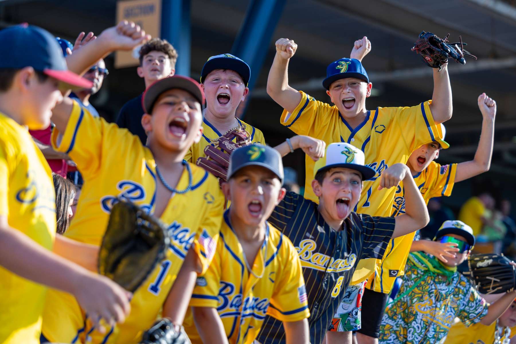 Fans cheer on the Savannah Bananas during their game against the Staten Island Ferryhawks at Richmond County Bank Ball Park on August 11, 2023 in New York City.