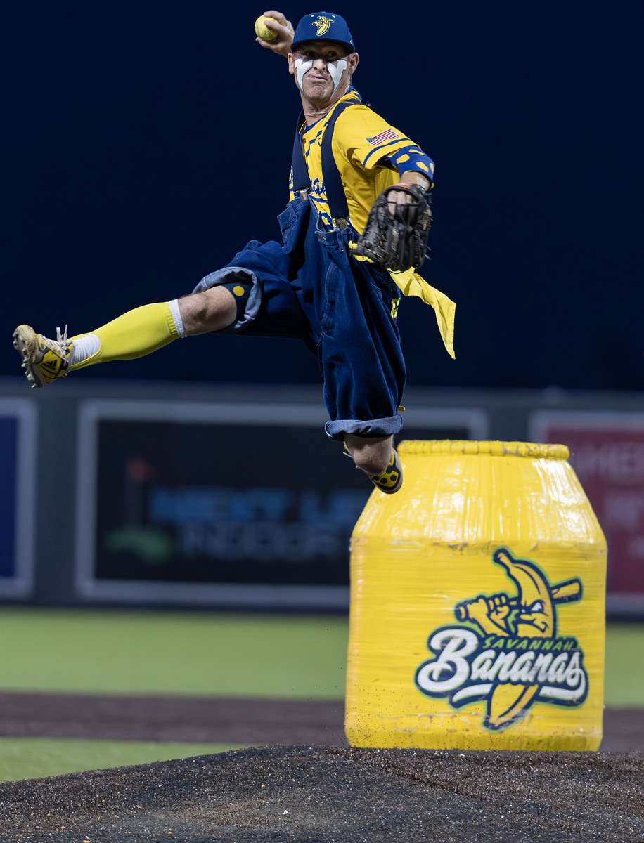 Mat Wolf #29 of the Savannah Bananas pitches during their game against the Party Animals at Richmond County Bank Ball Park on August 12, 2023 in New York City. 