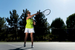 Senior tennis athlete Corey Hart aged Seventy five poses for an action portrait during the Huntsman World Senior Games on October 10, 2019 in in St.George Utah.