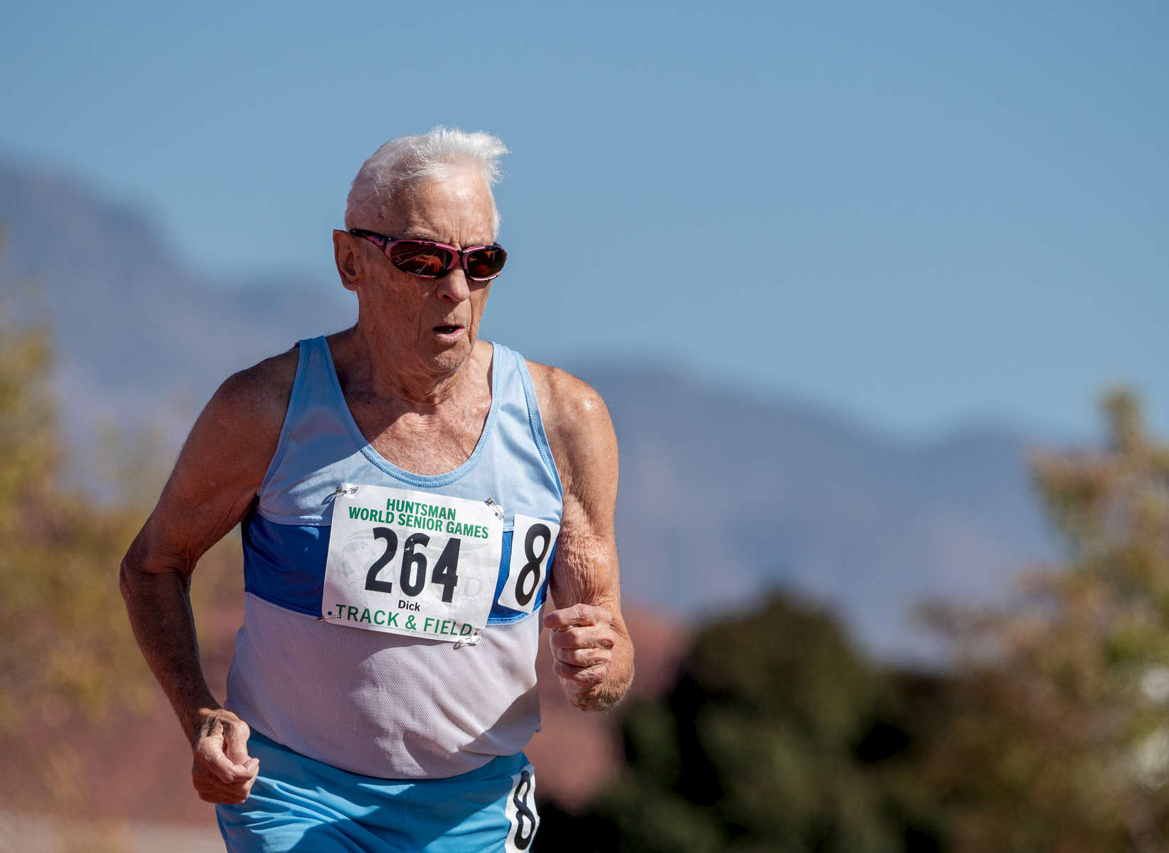 Senior athlete Dick Graves aged ninety competes in the 800m run during the Huntsman World Senior Games on October 15, 2019 in St. George, Utah. 