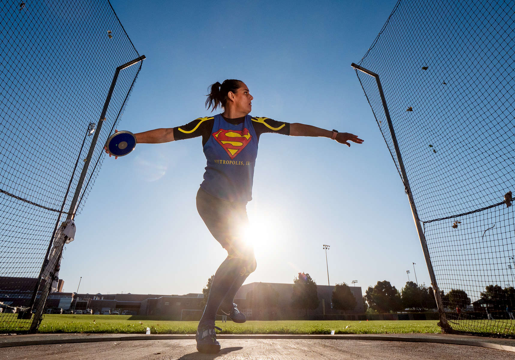 Senior athlete Sabrina Beck aged fifty four trains throwing the Discus before the event during the Huntsman World Senior Games on October 15, 2019 in St. George, Utah. 