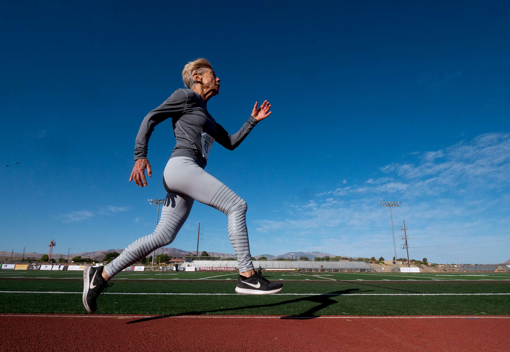 Senior athlete Marina Worsley aged seventy six runs on the track during a photo shoot during the Huntsman World Senior Games on October 14, 2019 in St. George, Utah. 