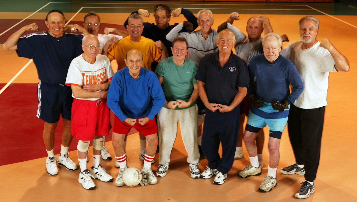 A group of seniors who meet for volleyball twice a week pose for a photo at the Freeport Athletic Center on February 5, 2004 in Freeport, New York. 