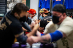 Jacob Smith works with Elias Schamma during an Urban Arm Wrestling League demonstration training session at DICK'S Sporting goods Store on May 1, 2021 in Bayshore, New York.  