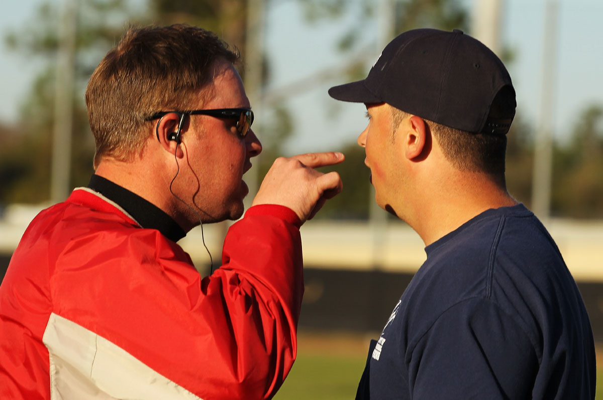 A student umpire argues with an instructor who is playing the role of a team manager in a simulated baseball game during the Jim Evans Academy of Professional Umpiring on January 28, 2011 at the Houston Astros Spring Training Complex  in Kissimmee, Florida.  