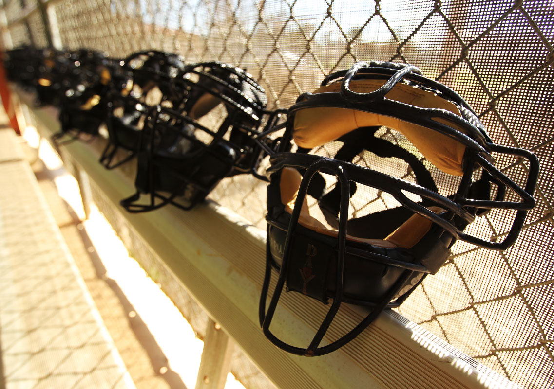 Umpire masks line a bench at the indoor batting cages during the Jim Evans Academy of Professional Umpiring on January 27, 2011 at the Houston Astros Spring Training Complex  in Kissimmee, Florida.  