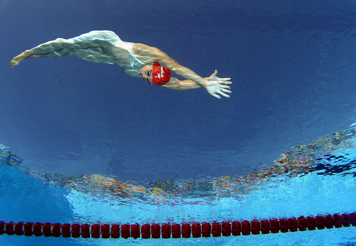 Jennifer Bradford starts the 50 meter heats during The US Olympic Swimming Team Trials on July 13, 2004 Charter All Digital Aquatics Centre  in Long Beach, California