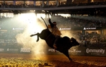 Chase Dougherty, riding Mandate, competes in the bull riding event during The American Rodeo by Teton Ridge at Globe Life Field on March 09, 2024 in Arlington, Texas. 