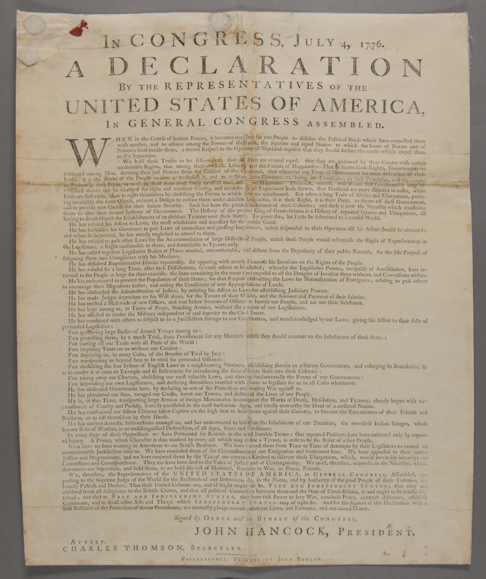 One of 26 extant copies of the first printing of the Declaration of Independence printed by John Dunlap during the afternoon or evening of July 4, 1776. Letterpress:  Black printing inks on a sheet of medium-weight, handmade laid paper. 18 1/16{quote} x 14 5/8{quote}Before treatment image showing condition issues including overall discoloration, darkened adhesives, surface grime. In addition, the broadside was lined to fabric.  Collection of the National Archives 