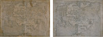 Printing inks on laid paper, 10{quote} x 14{quote}Before and after treatment. Treatment focused on removing the map from its cardboard backing, removing darkened and discolored pressure-sensitive tapes, and reducing the severe overall discoloration to the extent possible.  The discoloration was reduced dramatically by light bleaching. Private Collection 