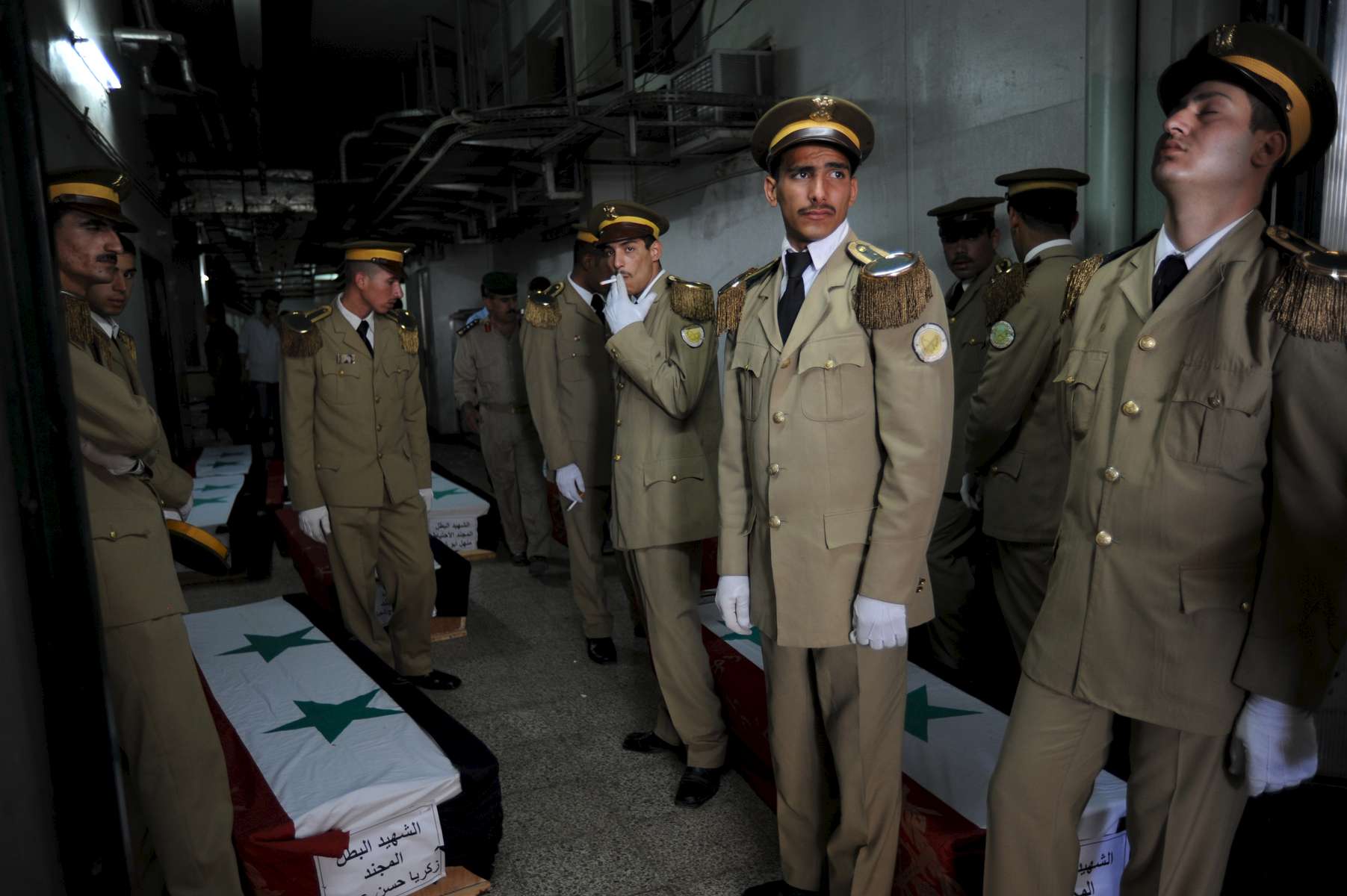 The Syrian army held funeral services for 42 soldiers at the Tishreen Military hospital on Saturday June 23, 2012. Another eight remained in the morgue. In recent weeks 100 Syrian soldiers on average are being killed in the the conflict. 
