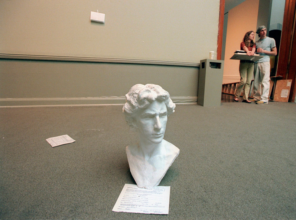 At the Pennsylvania Academy of Fine Art in Philadelphia, PA, a bust which is a self-portrait by student Joshua Koffman sits on the floor of one of the galleries. The bust was part of an installation of student artwork for the academy’s annual exhibition.