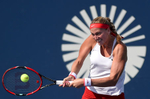 New Haven, CT - 08/29/15 - Petra Kvitova hits a backhand against  Lucie Safarova Saturday in the singles final at the Connecticut Open. Kvitova won the match an her third championship in New Haven. Photo by BRAD HORRIGAN | bhorrigan@courant.com