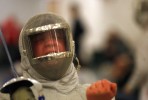 A fencer celebrates after winning his Sabre match during the NJSIAA State Fencing Championships at Rider University in Lawrenceville, New Jersey.