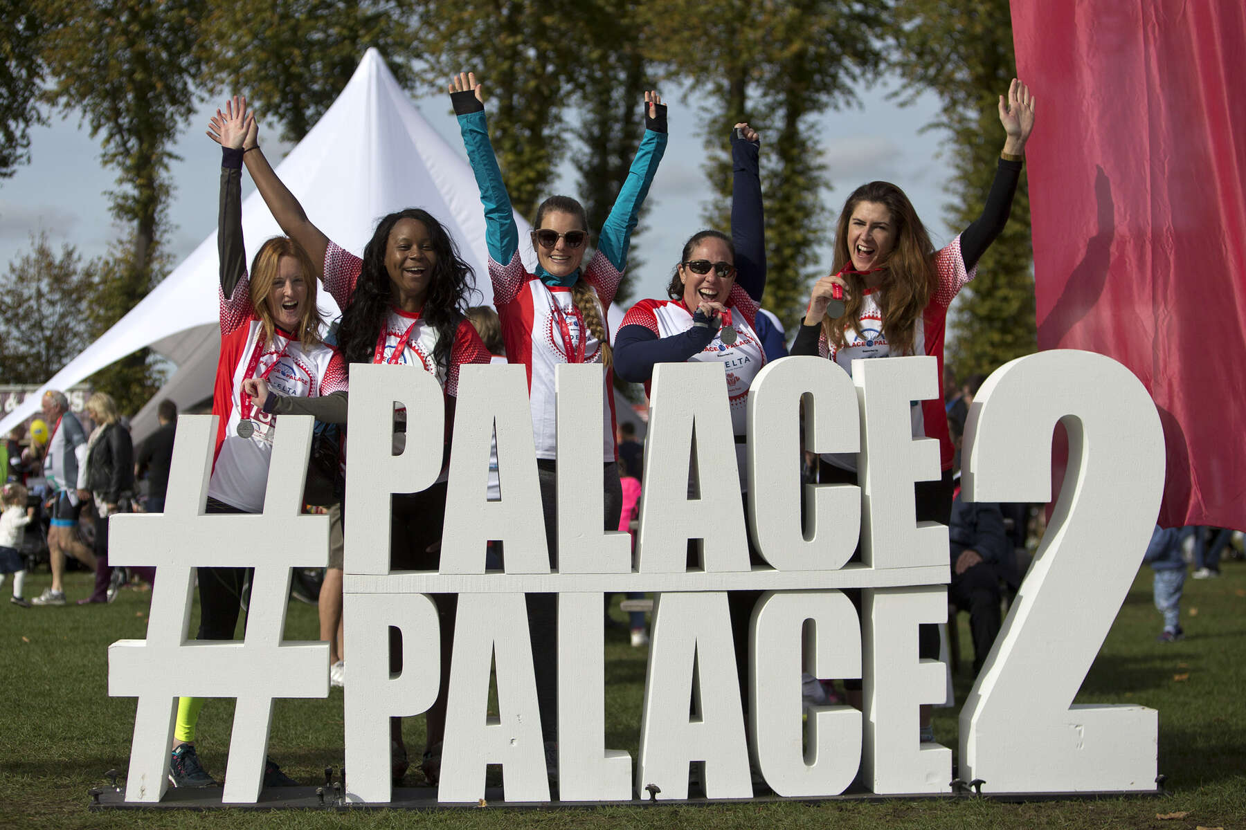 LONDON, UNITED KINGDOM – 7 October, 2018:  Delta employees take part in the Prince’s Trust Palace to Palace charity bike ride, cycling from Buckingham Palace to Windsor Palace, in the UK, on 7 October, 2018. Pictured from left are: Kelly Donaghey, Chizzie Mbubaegbu, Sonia Whitten, Sian Spencer, and Sara Andell.