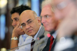 Massood Ahmed (2nd from L), Director of the Middle East and Central Asia Department, International Monetary Fund (IMF), listens to a speaker during a conference entitled IMF Outlook for MENA, Afghanistan and Pakistan, Implications of the Two-Speed Global Economic Recovery, at the Dubai International Financial Centre on October 24, 2010. 