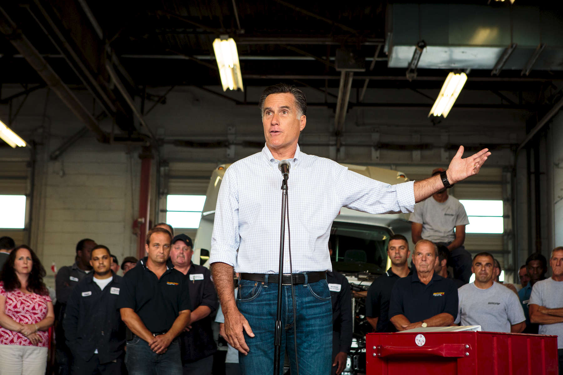 Roxbury, MA., July 19, 2012: MItt Romney visits Middlesex Truck & Coach in Roxbury, MA. Photograph by Evan McGlinn for The New York Times.