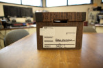 Box on a desk in the Lowell Police station. It is one of two that are filled with documents pertaining to the 1969 murder.