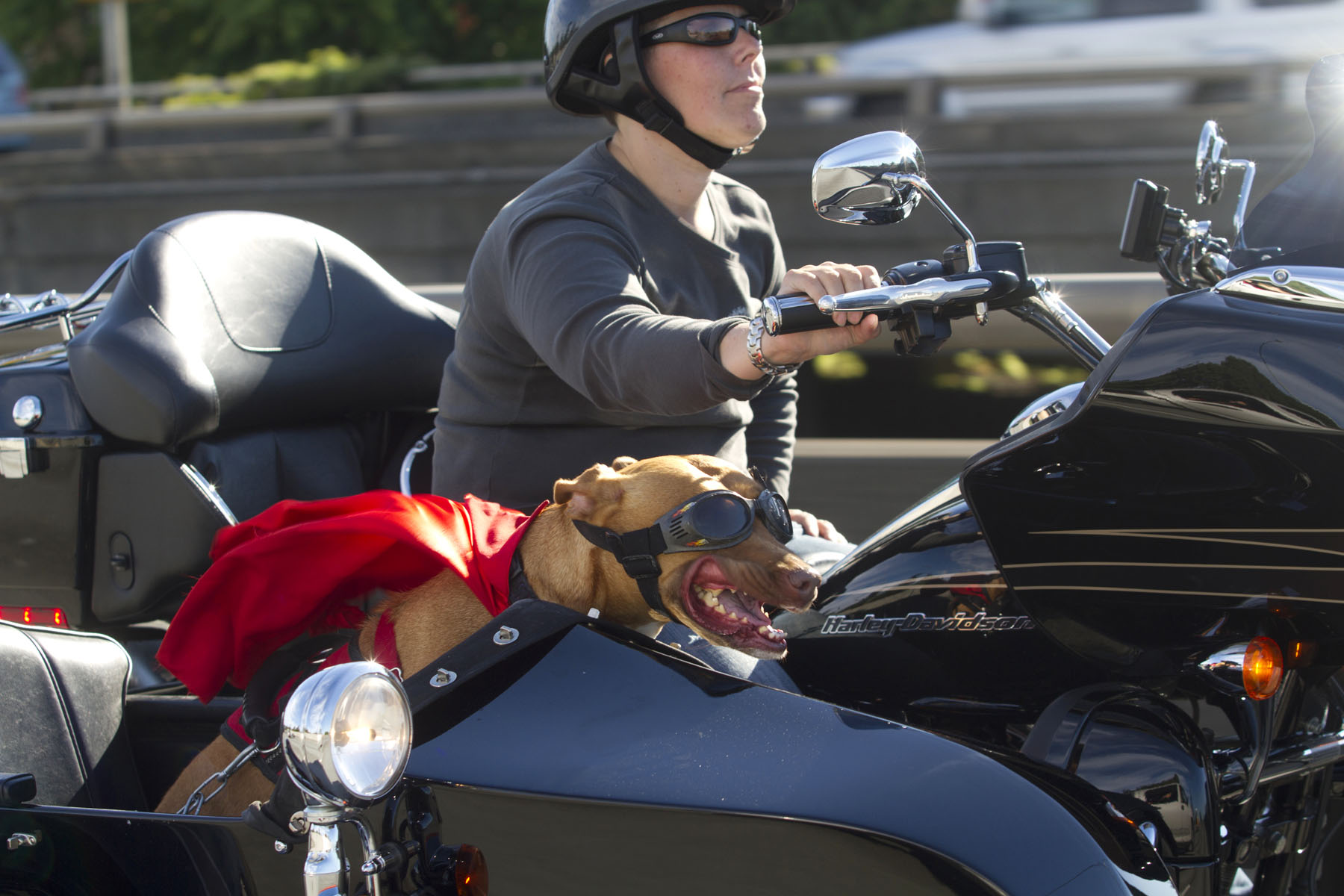 Brande and Luce ride the motorcycle in Seattle, WA on July 27, 2014