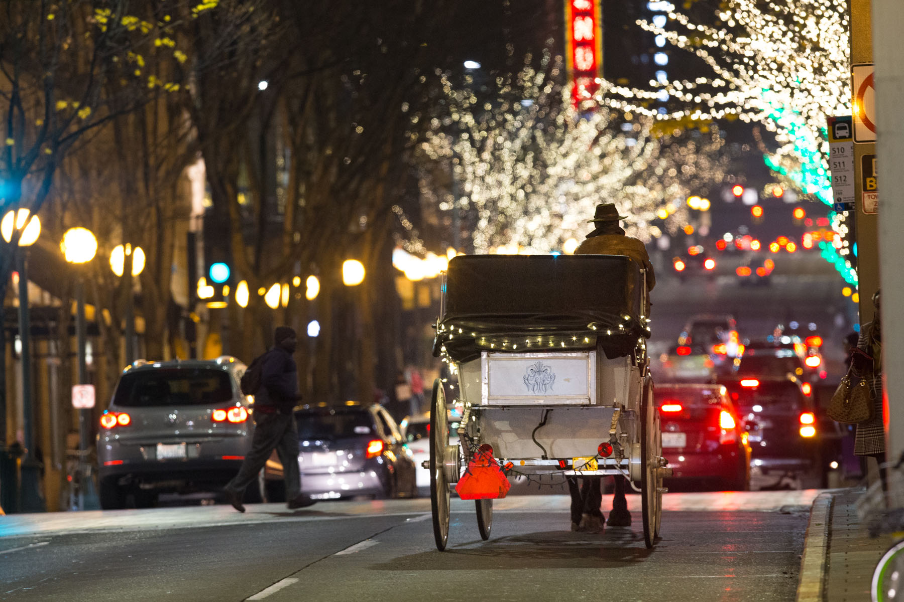 Steve Beckmann of Sealth Horse Carriages drives his horse and carriage down 5th Ave. in Seattle, WA on December 9, 2017. Beckmann says he was the first horse and carriage business in Seattle and now, 42 years later, he is the only one left. (© Karen Ducey)