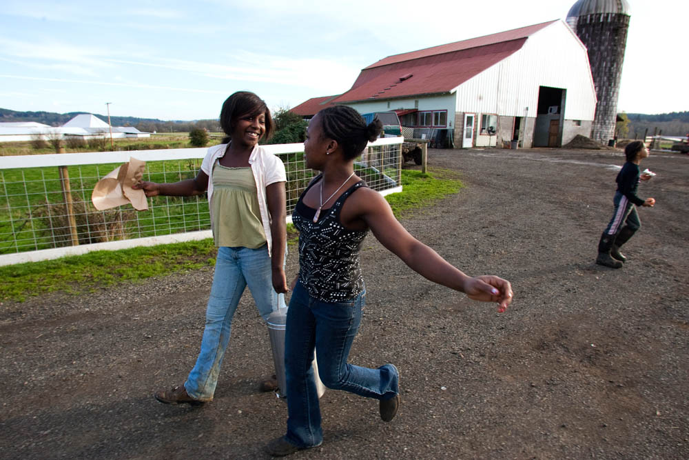 Estrella sisters Melody, 12, (left) and Ruth, 20, carry fresh cream towards the house to make butter at the Estrella Family Creamery in Montesano,Wash.  on November 4, 2010.  The Food and Drug Administration ordered the Estrella Family Creamery in Montesano,Wash.  to stop processing cheeses after it found listeria bacteria on some of the cheeses this year.  The family says they have made many renovations on the farm and the bacteria is only found on the soft cheese, not everything.  They believe they should be allowed to resume making cheese and sell the hard cheeses they have already made at the facility.  The creamery is one of Washington’s most famous artisan cheesemakers.  (photo credit Karen Ducey) 