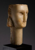 SOUTHERN ARABIA (100 B.C. – 100 A.D.)Calcite-AlabasterH: 28.30 cm (11.14 inches)A magnificent funerary head of a woman from Qataban, depicted with wonderfully stylized features. The nose is slender, and the small lips are gently smiling. The ears are positioned high on the head and the neck is long and elegant, possibly as a sign of the woman’s beauty. The high cheekbones have been subtly carved. The large, deeply recessed eyes and thin eyebrows would have once been inlaid. The top and back of the head are flat for insertion into a funerary niche or stela and the front has been polished to enhance the quality of the alabaster. The coiffure would have once been completed with plaster, which would have helped secure the head in place. Such heads are often referred to as being U-shaped. The people of South Arabia developed a unique visual culture which, thanks to its ingenious use of geometric and stylized forms, appears resolutely modern to our contemporary eyes. South Arabian artists notably excelled in carving beautiful funerary portraits in alabaster. The present head is a particularly delightful example of sculpture from the Classical period. Its style is characteristic of the funerary portraits found in Hayd ibn Aqil, the necropolis of Qataban’s capital Timna.GBP 600,000