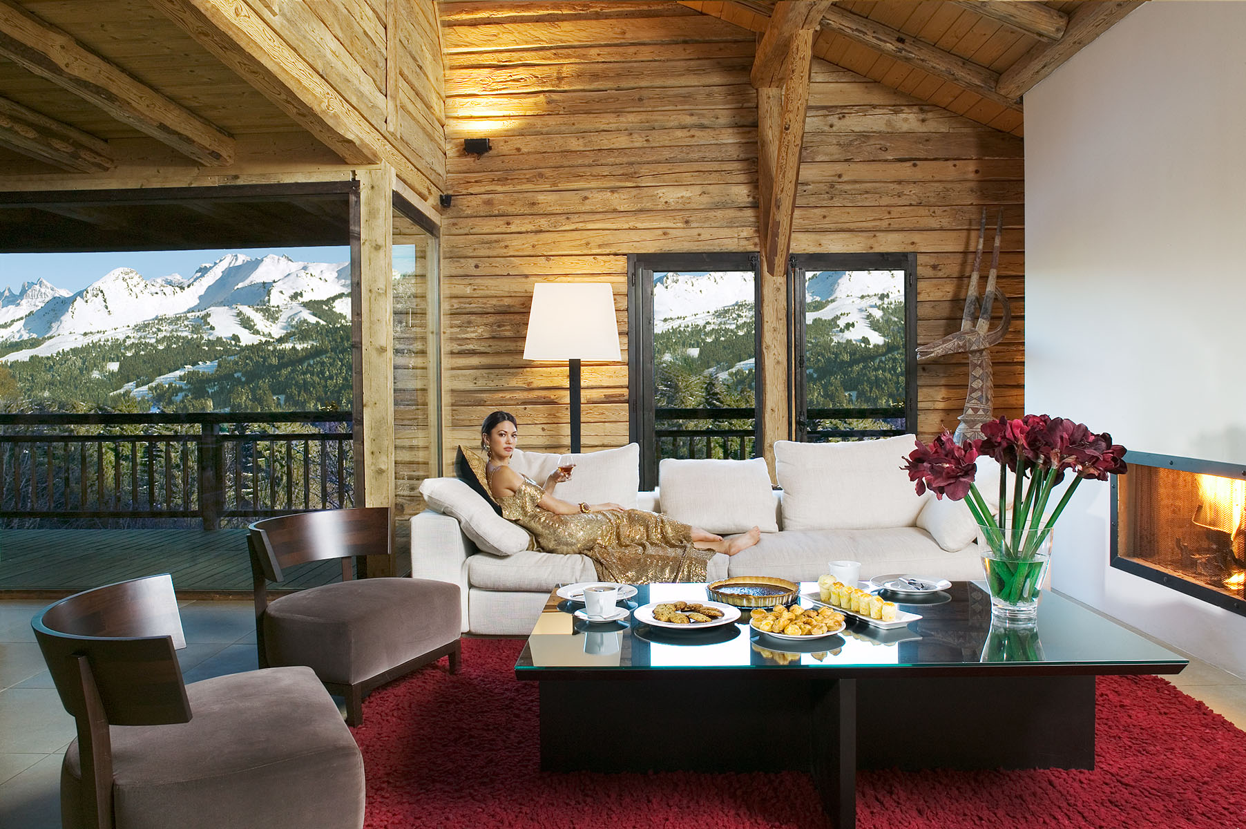 Luxury travel feature of timber chalet in picturesque alpine setting. Interior Design by Nicky DobreeClient: Telegraph Group