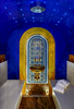 Steam room with Blue and gold tiels and elaborate fountain in arabesque style in spa in private house in Èze, Côte d'Azur, France